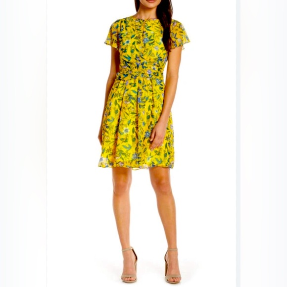 Sam Edelman Bright Yellow Floral Wrap Waist Knee Length Fully Lined Dres… - Picture 3 of 13